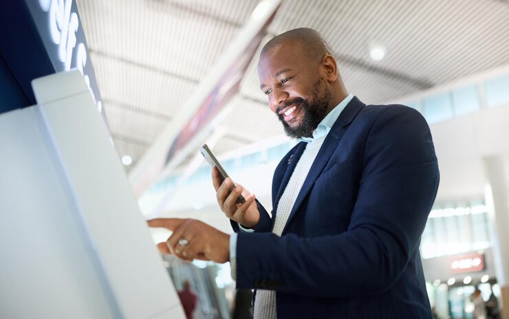 check email black man with phone travel information communication connection contact happy businessman typing machine with app mobile airport trip 590464 138328